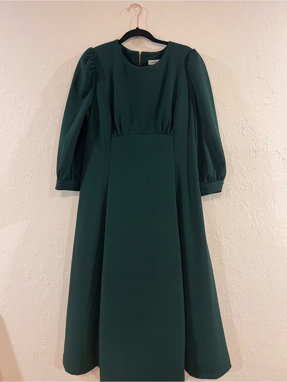 Calvin Klein Forest Green Midi Dress with Puff Sleeves
